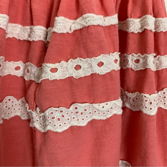 Boden Linen Blend Sun Dress Little Girls 6-7 Crochet Eyelet Coral Striped Lace - Picture 9 of 14